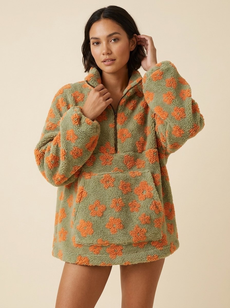 Sweat Polaire Femme Fleuri Col Zippé Poche Kangourou