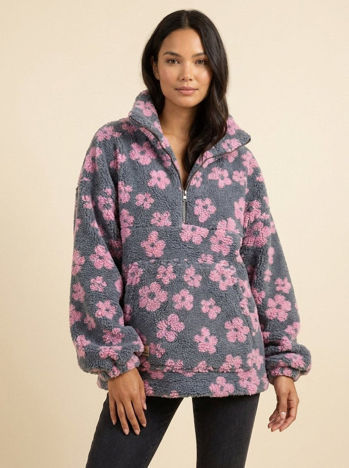 Sweat Polaire Femme Fleuri Col Zippé Poche Kangourou
