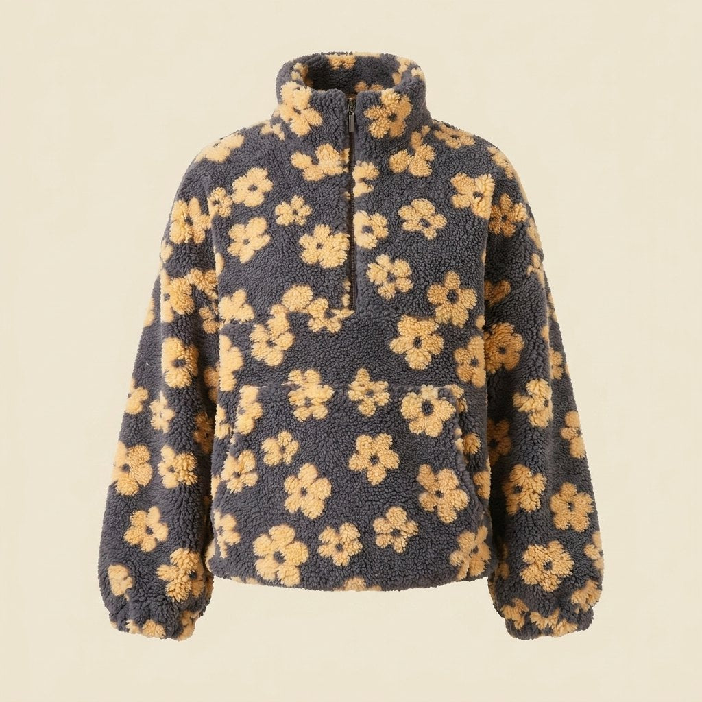 Sweat Polaire Femme Fleuri Col Zippé Poche Kangourou