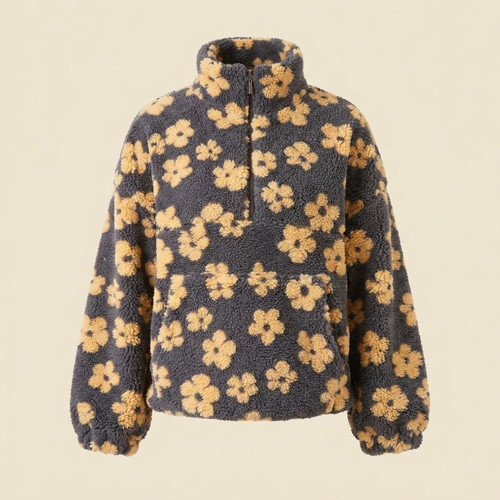 Sweat Polaire Femme Fleuri Col Zippé Poche Kangourou