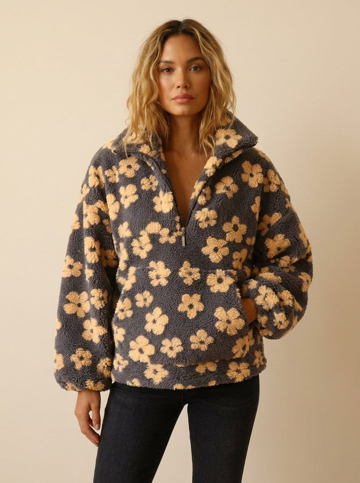 Sweat Polaire Femme Fleuri Col Zippé Poche Kangourou