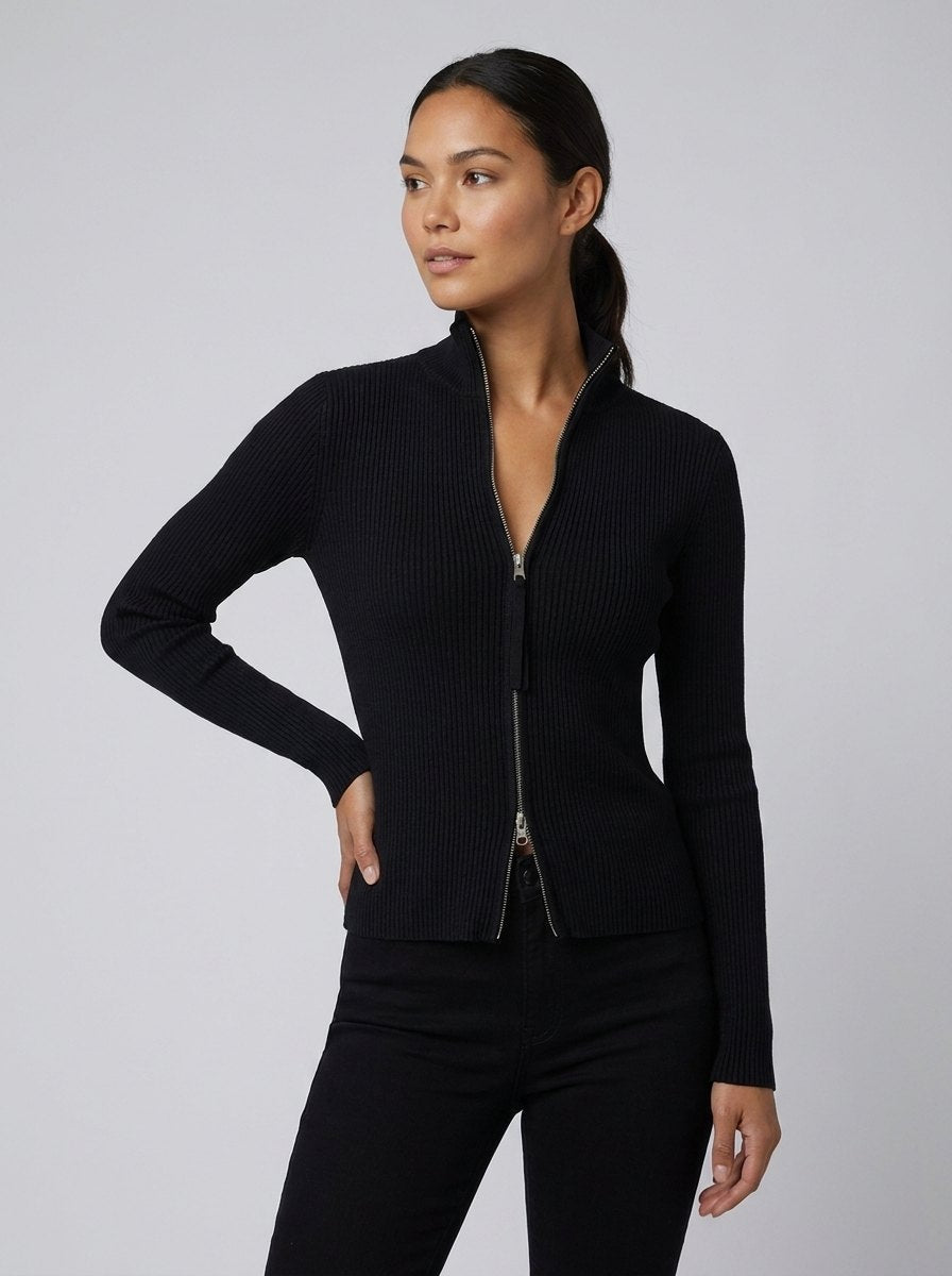 Cardigan Femme Maille Côtelée Ajusté Avec Double Fermeture À Glissière