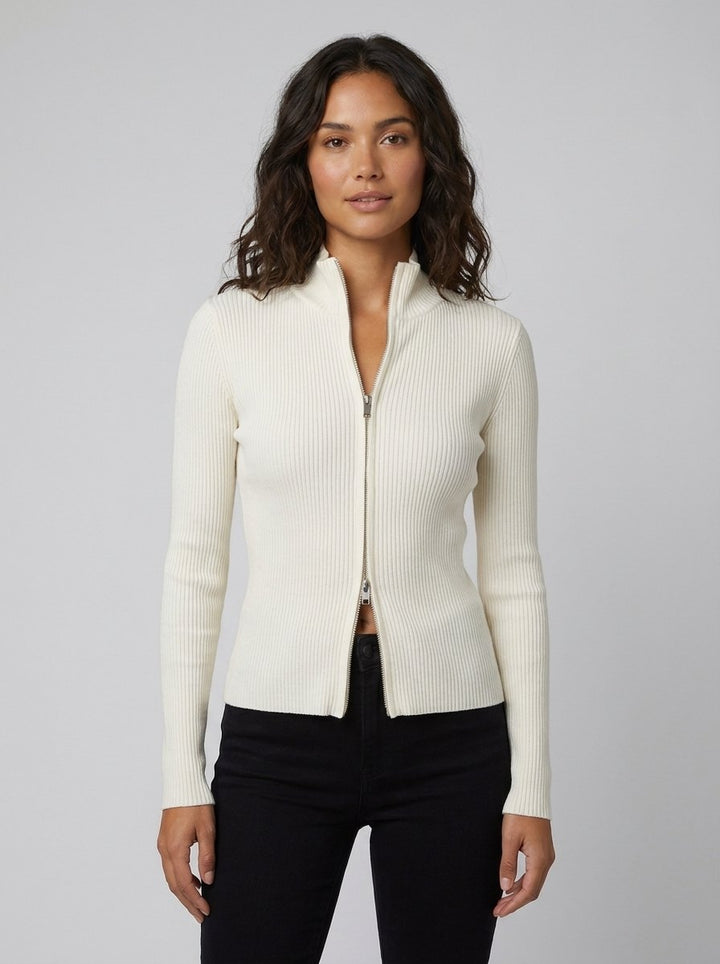 Cardigan Femme Maille Côtelée Ajusté Avec Double Fermeture À Glissière