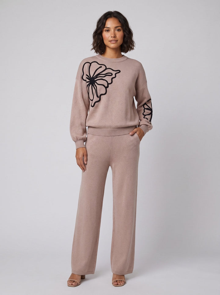 Ensemble Maille Sweat Brodé Fleur et Pantalon Large pour Femme