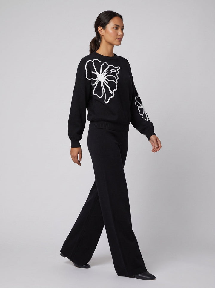 Ensemble Maille Sweat Brodé Fleur et Pantalon Large pour Femme