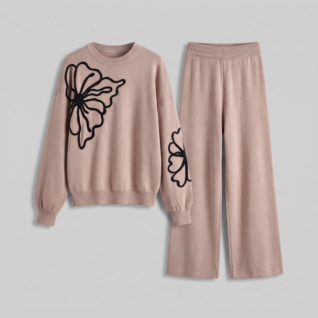 Ensemble Maille Sweat Brodé Fleur et Pantalon Large pour Femme