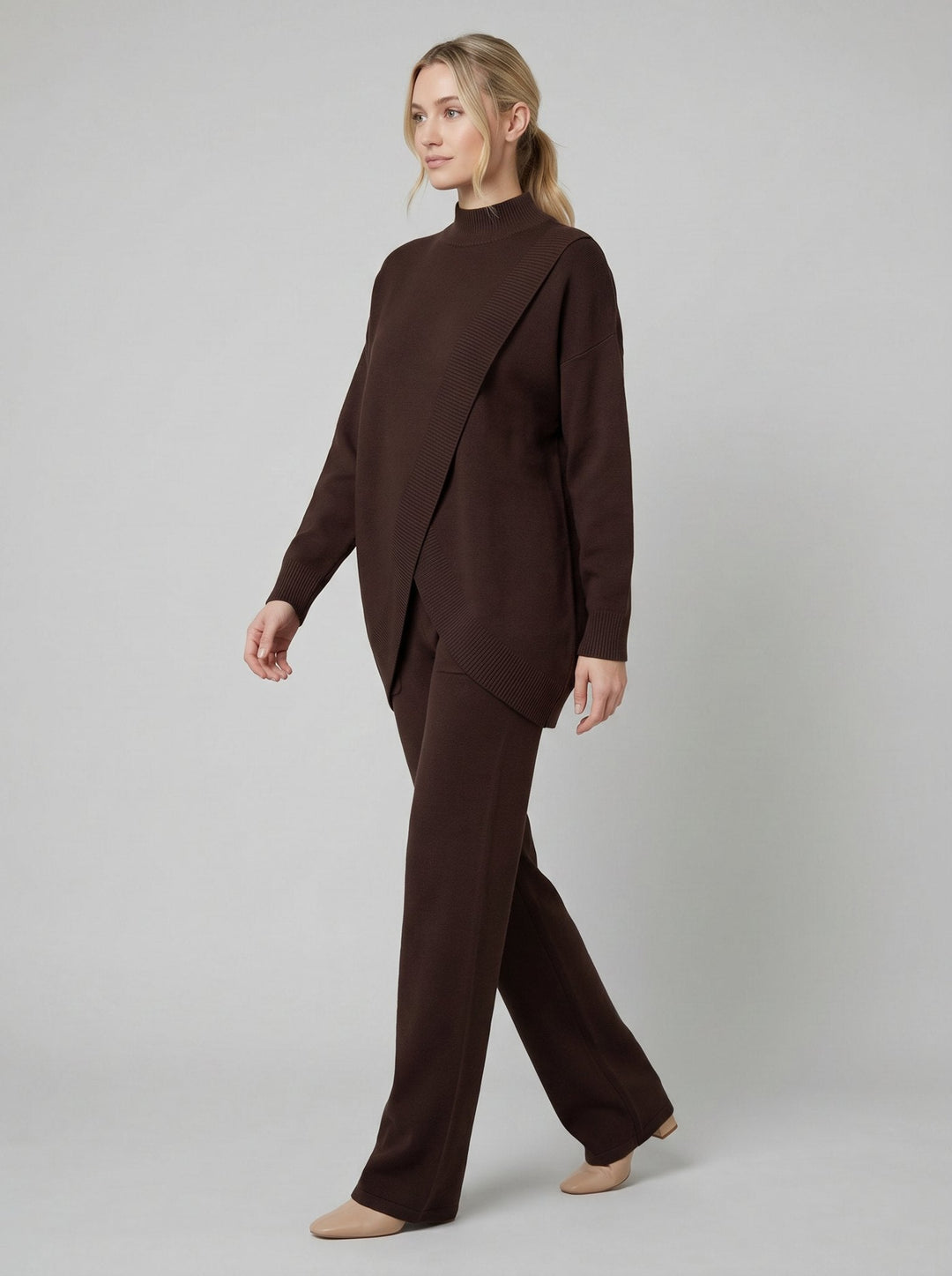 Ensemble Maille Col Montant Cache Coeur et Pantalon Large pour Femme