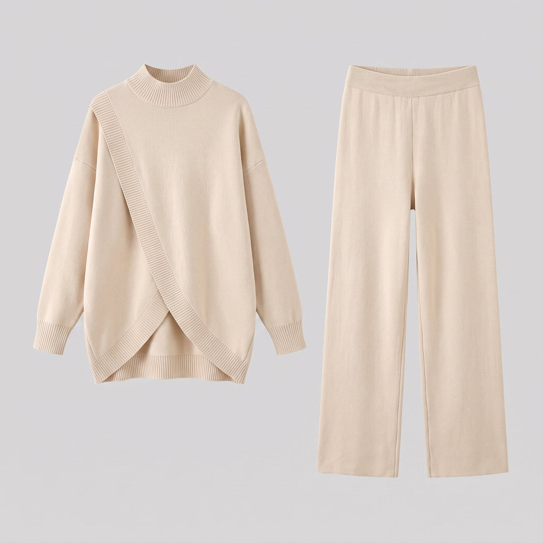 Ensemble Maille Col Montant Cache Coeur et Pantalon Large pour Femme