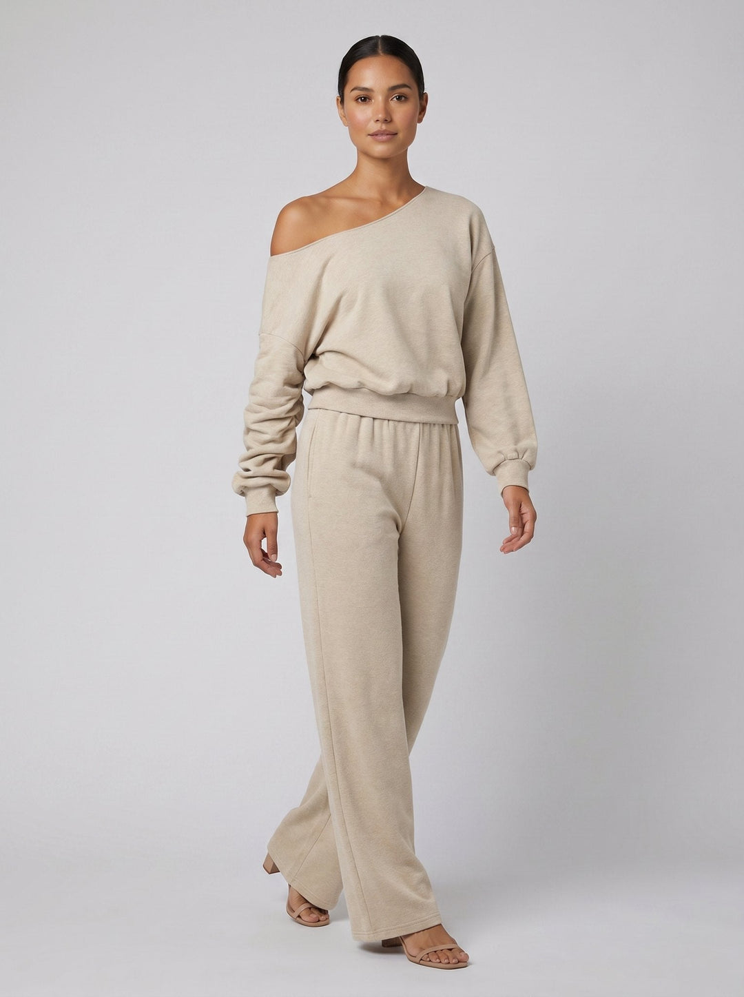 Ensemble Haut Asymétrique Épaules Dénudées et Pantalon Large pour Femme