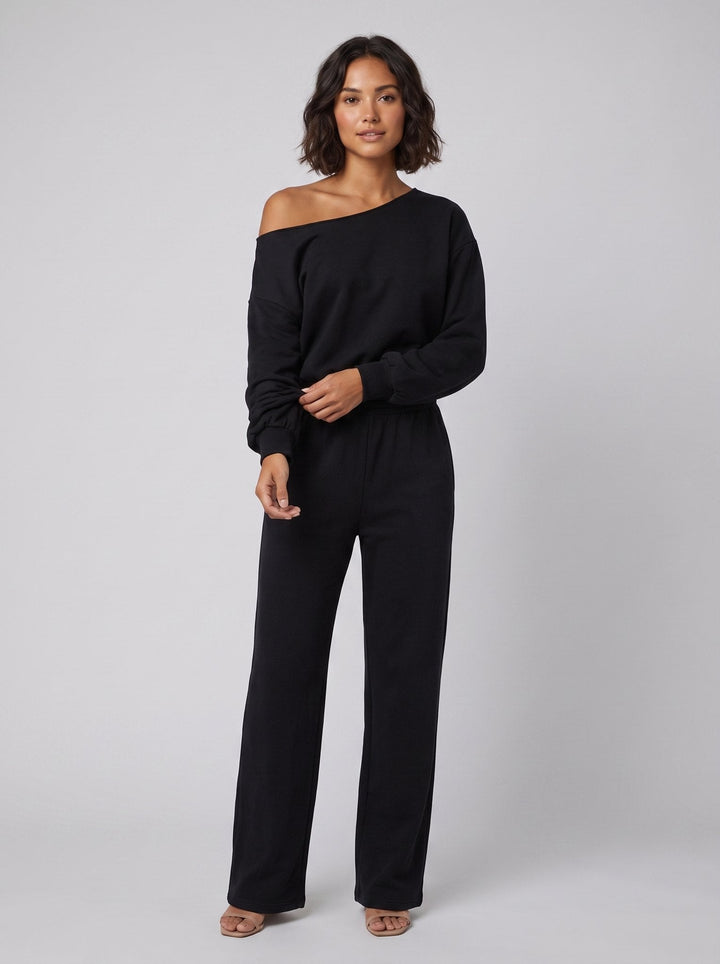 Ensemble Haut Asymétrique Épaules Dénudées et Pantalon Large pour Femme