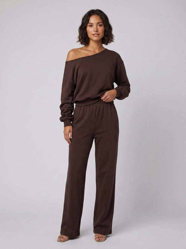 Ensemble Haut Asymétrique Épaules Dénudées et Pantalon Large pour Femme