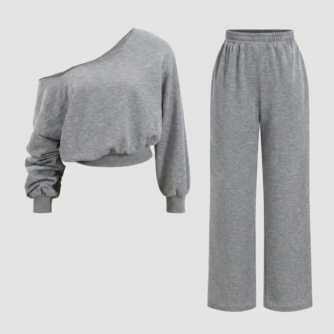 Ensemble Haut Asymétrique Épaules Dénudées et Pantalon Large pour Femme