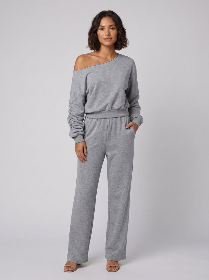 Ensemble Haut Asymétrique Épaules Dénudées et Pantalon Large pour Femme