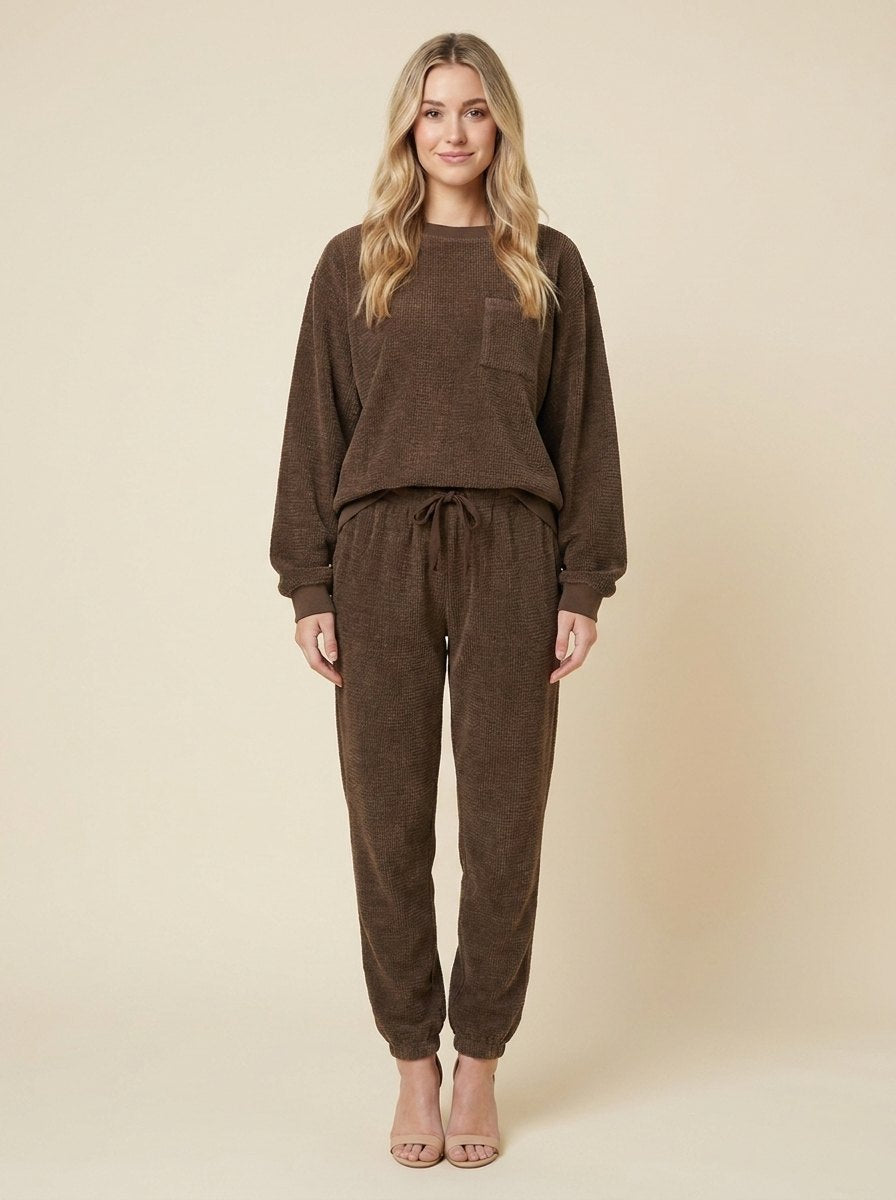 Ensemble Velours Côtelé Sweat et Pantalon Jogger avec Poches pour Femme