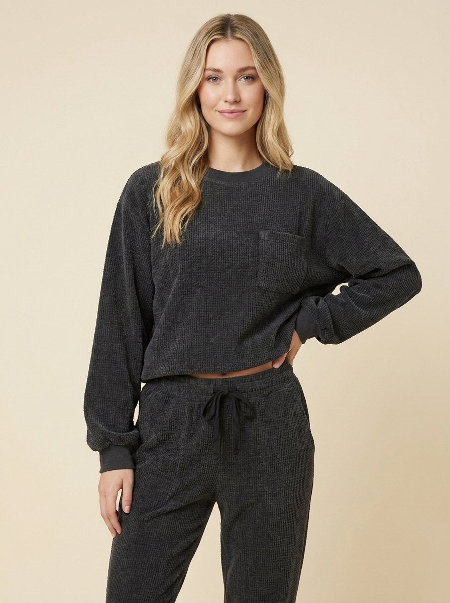 Ensemble Velours Côtelé Sweat et Pantalon Jogger avec Poches pour Femme