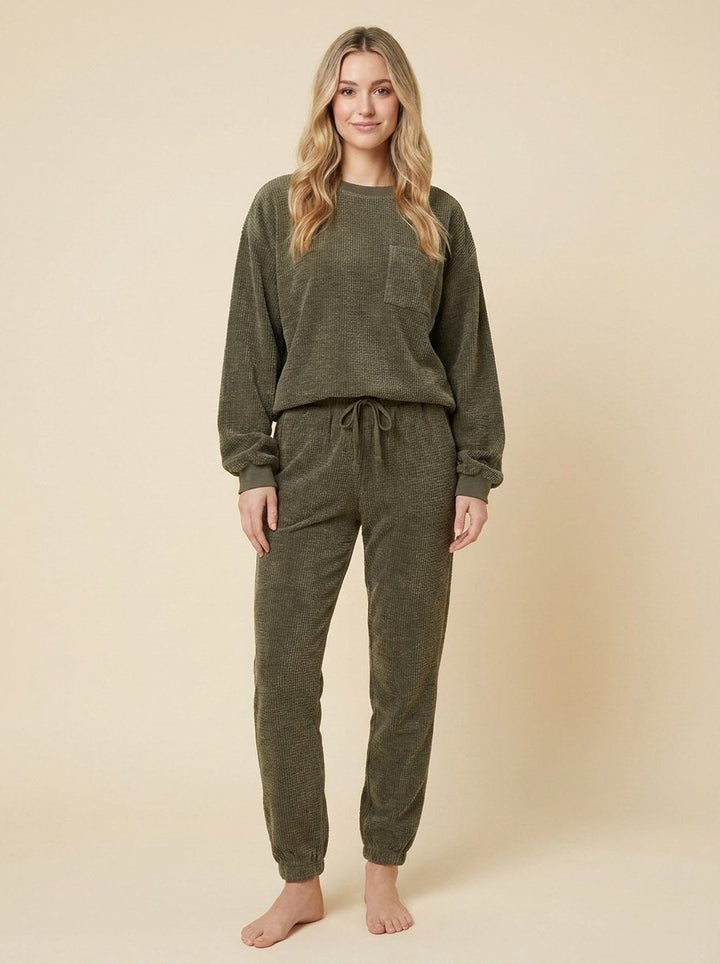 Ensemble Velours Côtelé Sweat et Pantalon Jogger avec Poches pour Femme