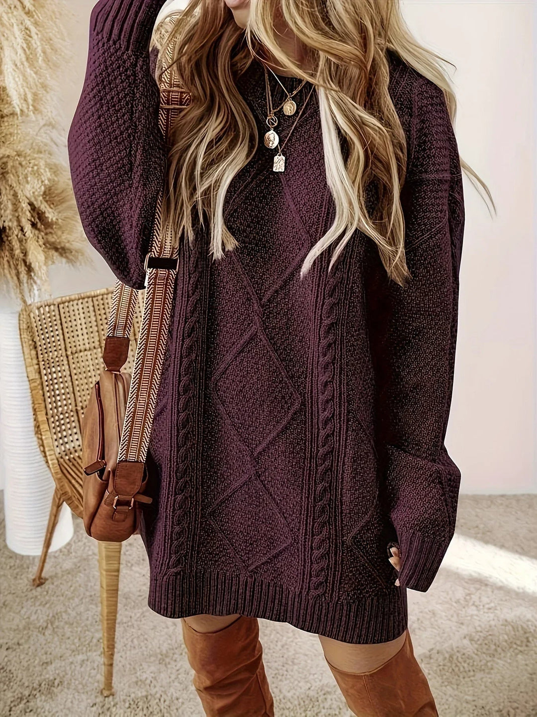 Robe-Pull Femme en Maille Torsadée – Coupe Oversize