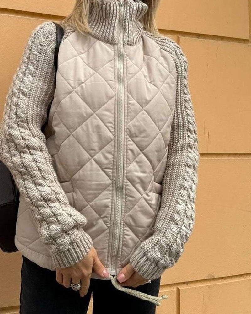 Veste Matelassée pour Femme avec Manches en Maille Tricotée et Col Montant