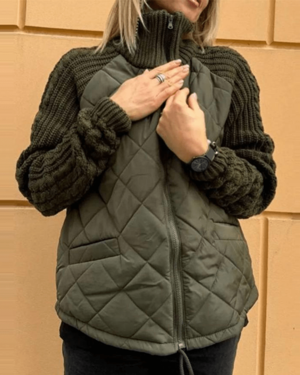 Veste Matelassée Femme Avec Manches En Tricot Et Col Montant