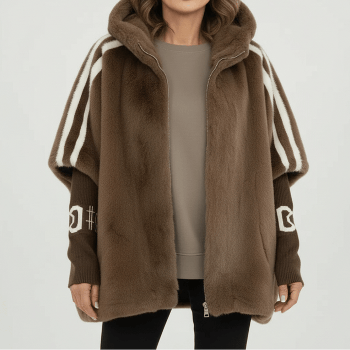 Veste Teddy Oversize pour Femme avec Capuche et Bandes Contrastantes