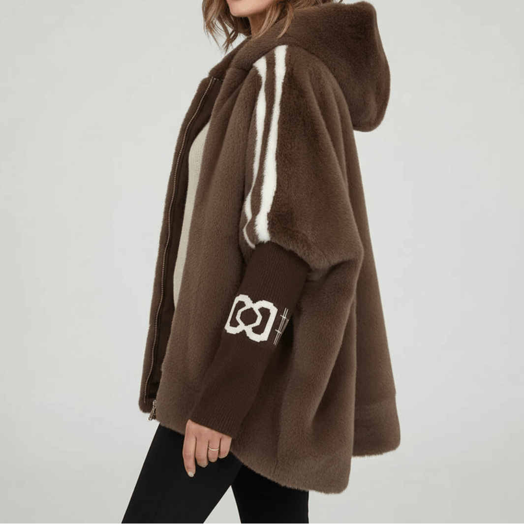 Veste Teddy Oversize pour Femme avec Capuche et Bandes Contrastantes