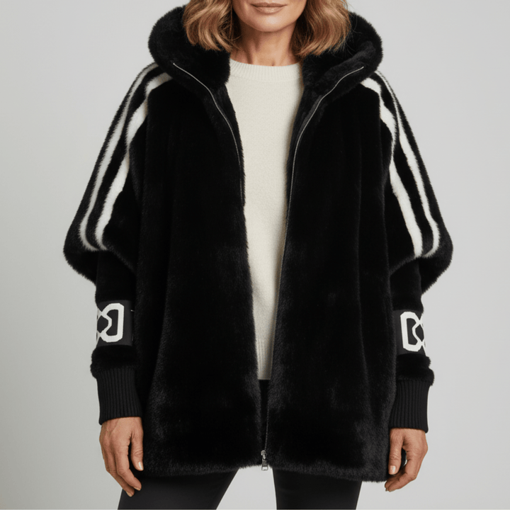 Veste Teddy Oversize pour Femme avec Capuche et Bandes Contrastantes