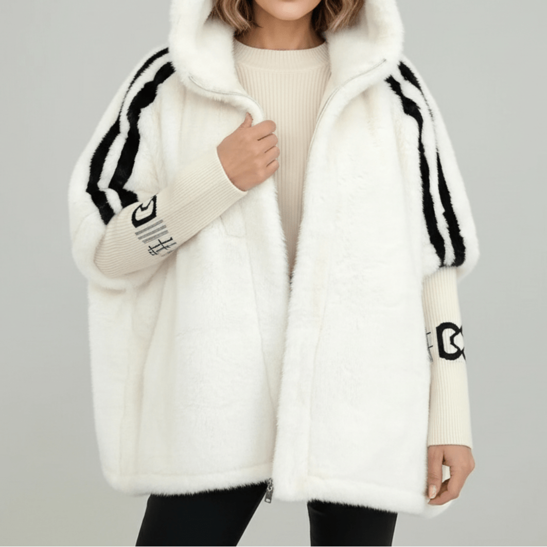 Veste Teddy Oversize pour Femme avec Capuche et Bandes Contrastantes