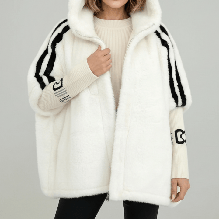 Veste Teddy Oversize pour Femme avec Capuche et Bandes Contrastantes
