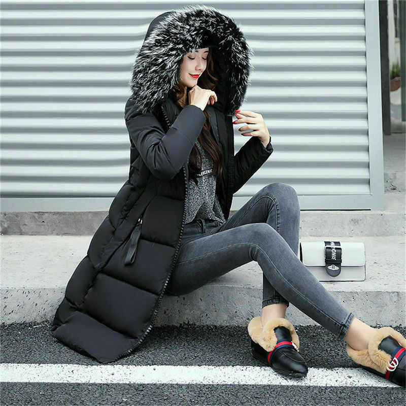 Doudoune Longue pour Femme avec Col en Fausse Fourrure et Fermeture Zip