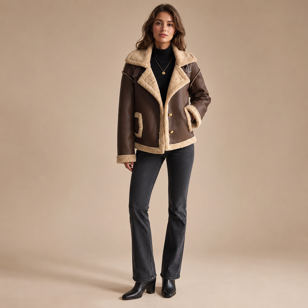 Veste d’Hiver Biker Courte Femme Doublée en Fausse Fourrure