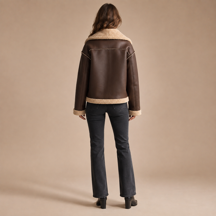 Veste d’Hiver Biker Courte Femme Doublée en Fausse Fourrure