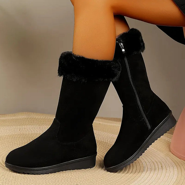 Bottes Montantes d'Hiver pour Femme à Fermeture Zip et Col en Fausse Fourrure