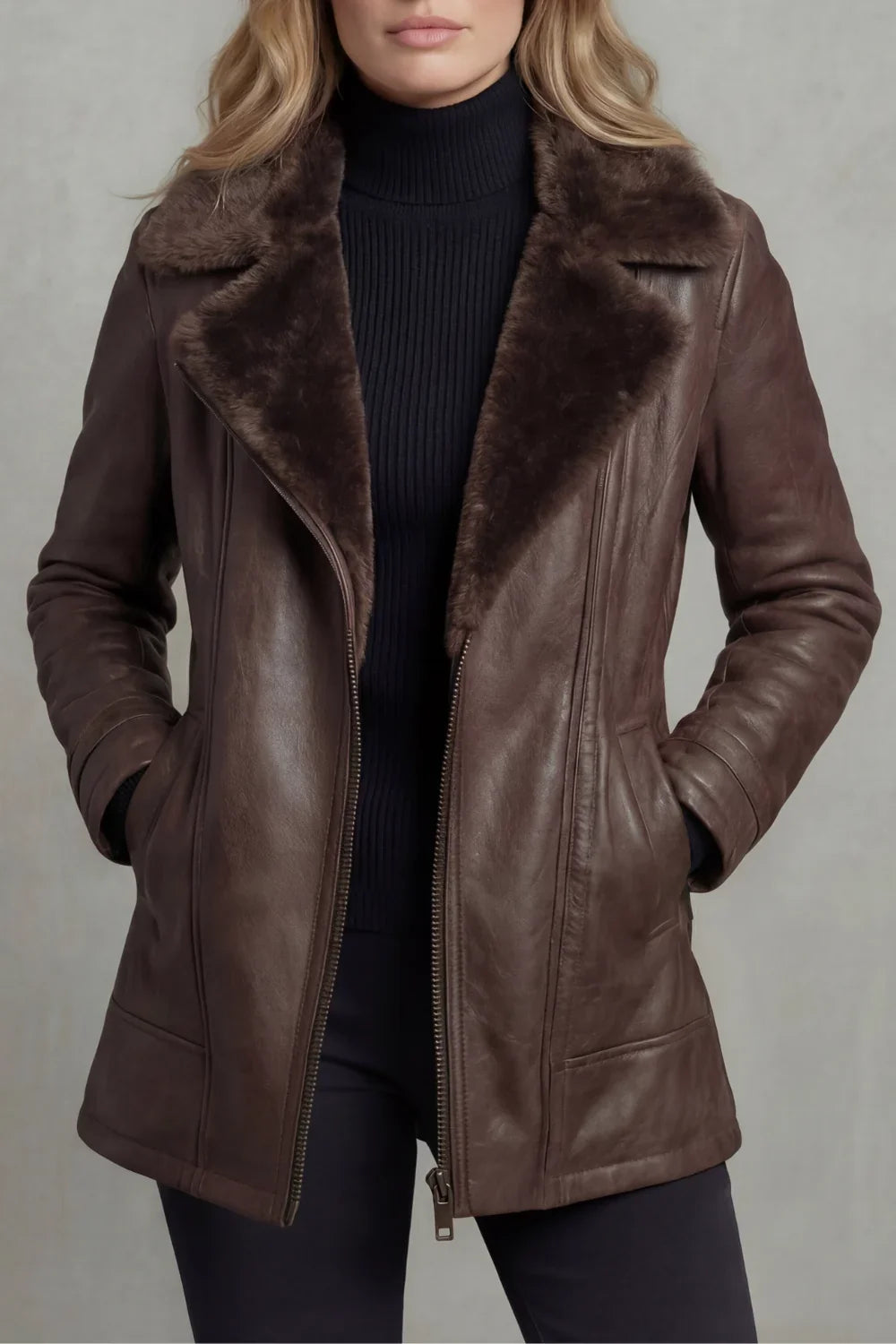 Blouson Femme En Cuir Doublure Fausse Fourrure Col Revers Et Fermeture Zip