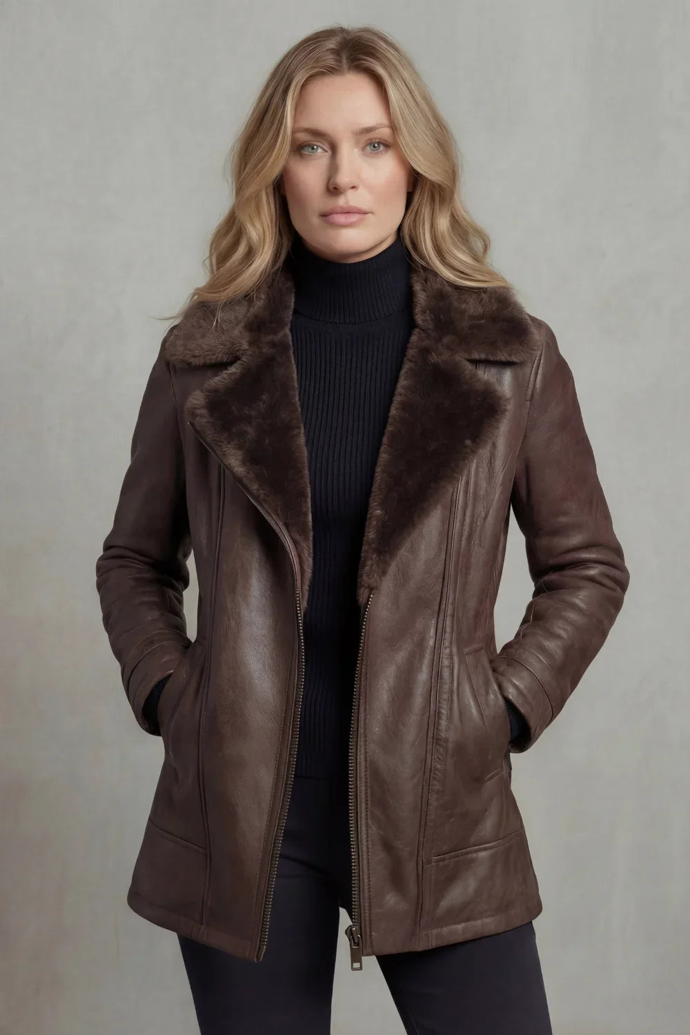 Blouson Femme En Cuir Doublure Fausse Fourrure Col Revers Et Fermeture Zip