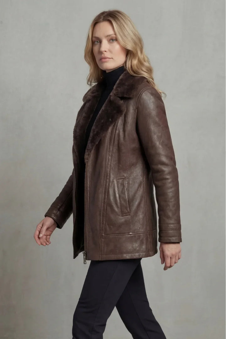 Blouson Femme En Cuir Doublure Fausse Fourrure Col Revers Et Fermeture Zip