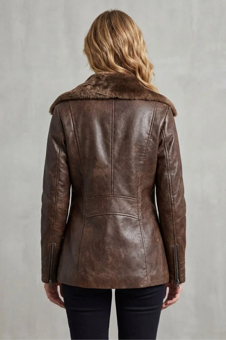 Blouson Femme En Cuir Doublure Fausse Fourrure Col Revers Et Fermeture Zip