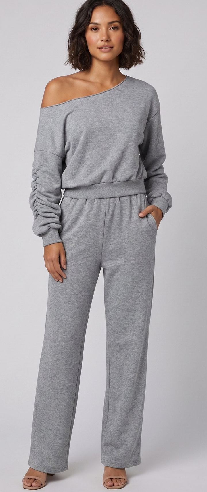 Ensemble Haut Asymétrique Épaules Dénudées et Pantalon Large pour Femme