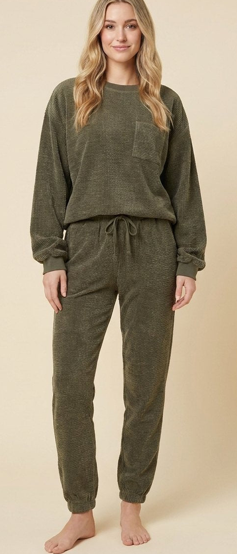 Ensemble Velours Côtelé Sweat et Pantalon Jogger avec Poches pour Femme
