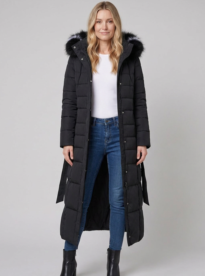 Doudoune Femme Longue Ceinturée Capuche Fourrure