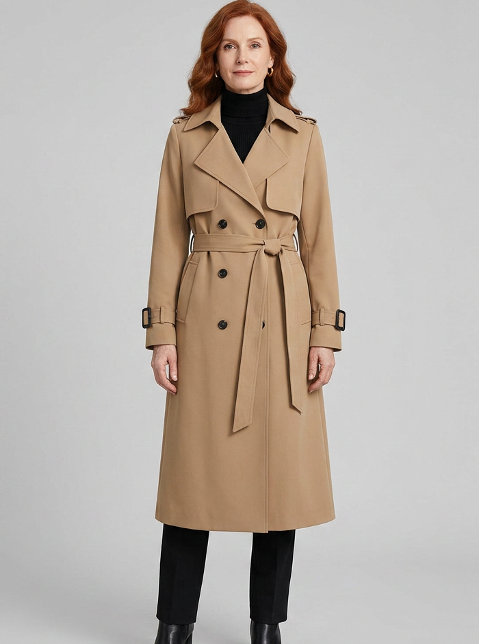 Trench Long Femme Croisé Ceinturé Col Revers