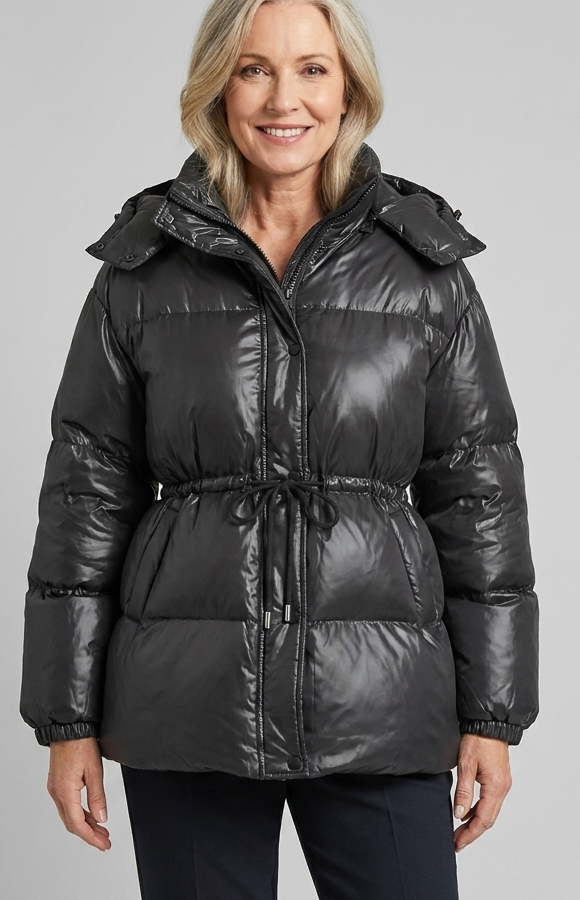 Doudoune Femme Brillante Col Montant Cordon de Serrage
