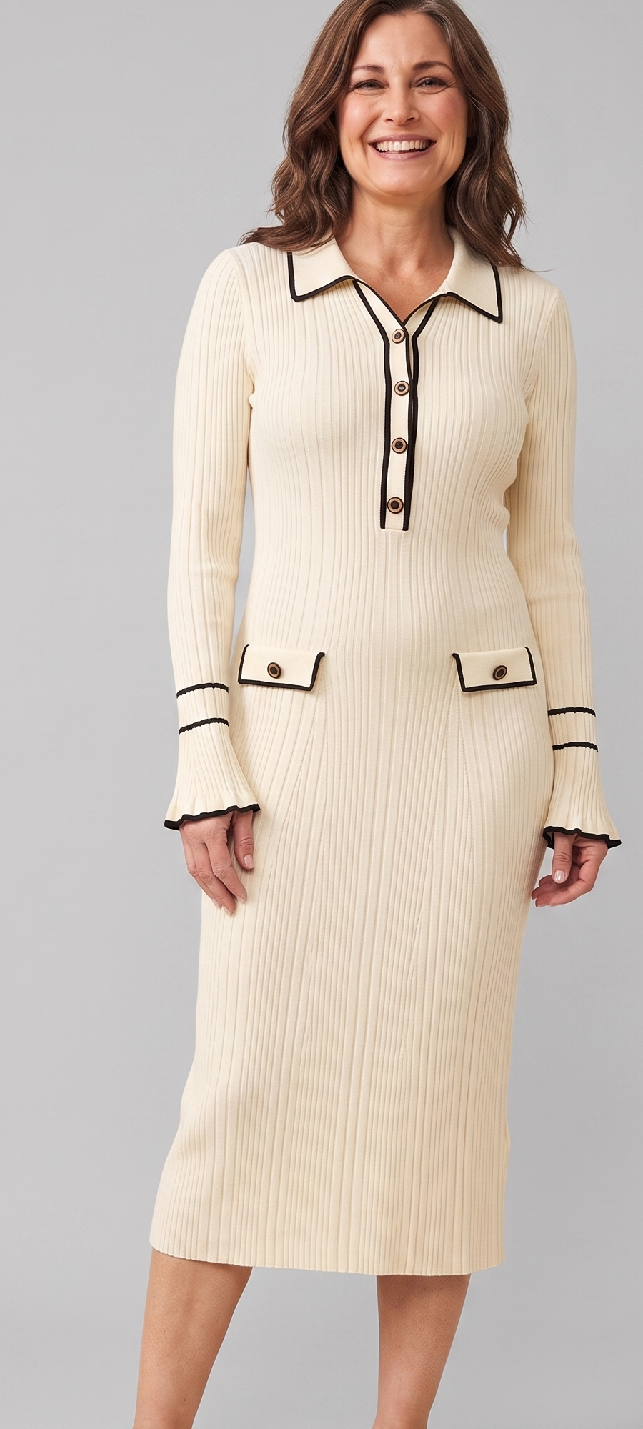 Robe Midi en Maille Côtelée avec Bordure Contrastante et Boutons pour Femme