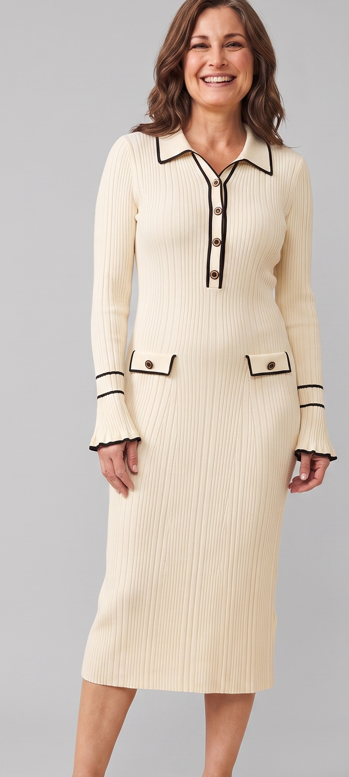 Robe Midi en Maille Côtelée avec Bordure Contrastante et Boutons pour Femme