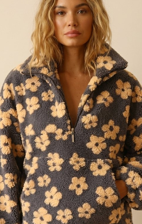 Sweat Polaire Femme Fleuri Col Zippé Poche Kangourou