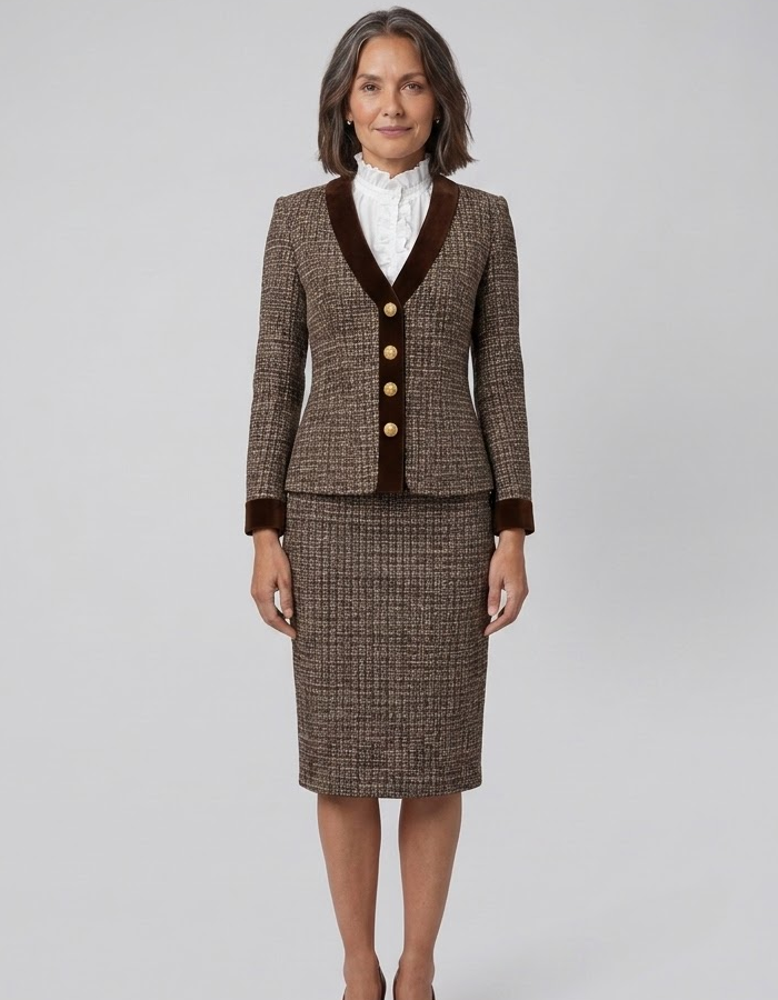 Ensemble Tailleur Blazer et Jupe Crayon en Tweed avec Bordure en Velours pour Femme