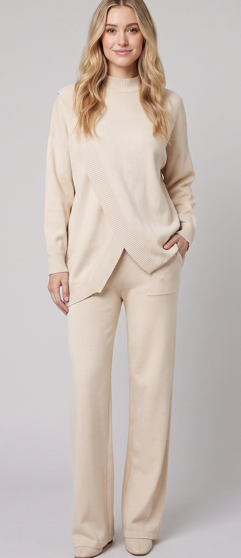 Ensemble Maille Col Montant Cache Coeur et Pantalon Large pour Femme