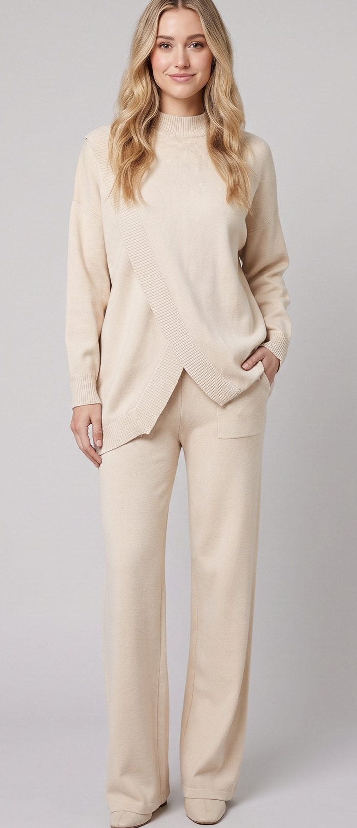 Ensemble Maille Col Montant Cache Coeur et Pantalon Large pour Femme