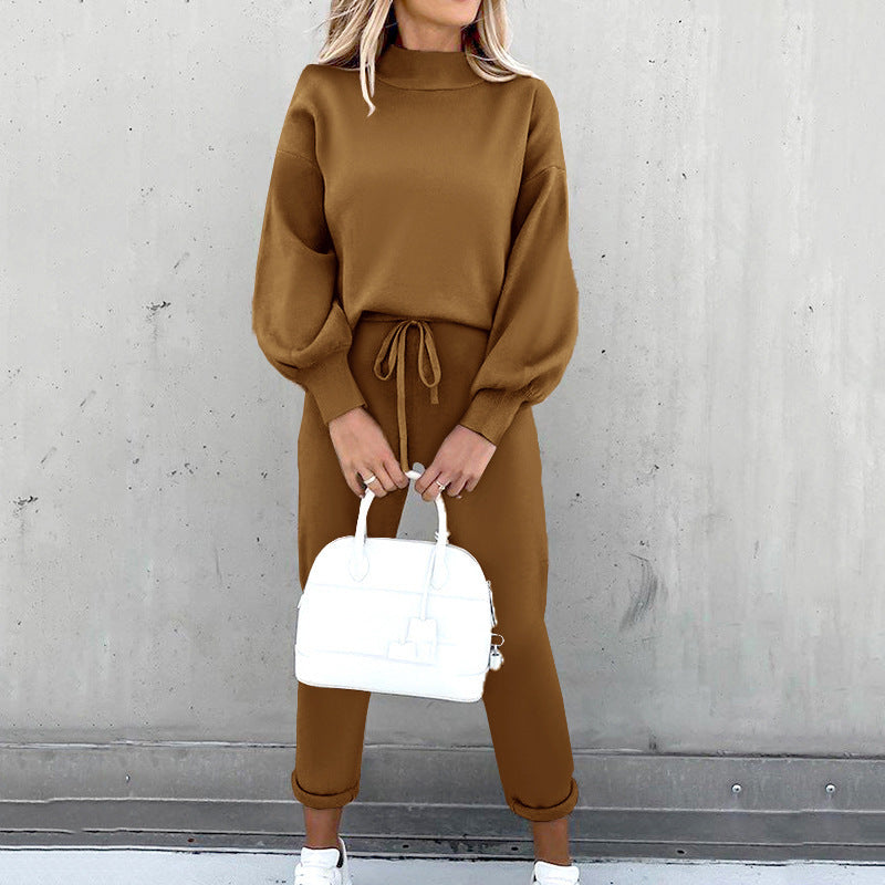 Ensemble Détente Femme 2 Pièces avec Pull Col Roulé et Pantalon Taille Haute
