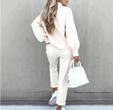 Ensemble Détente Femme 2 Pièces avec Pull Col Roulé et Pantalon Taille Haute