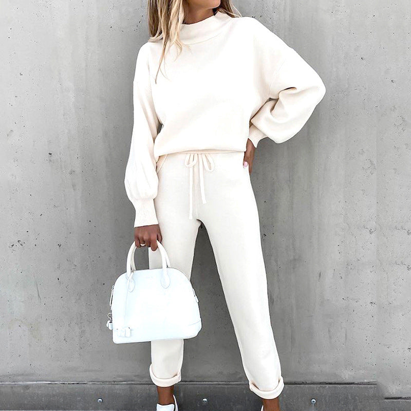 Ensemble Détente Femme 2 Pièces avec Pull Col Roulé et Pantalon Taille Haute